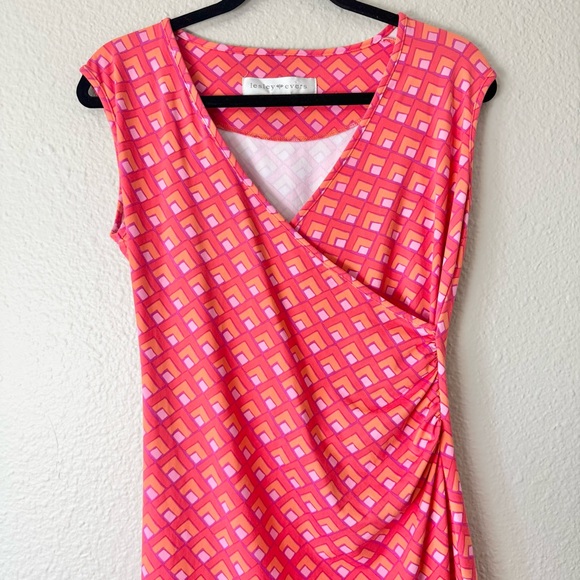 Lesley Evers Purple & Orange Retro Geo Print Surplice Neck Dress Size Large - Picture 3 of 6